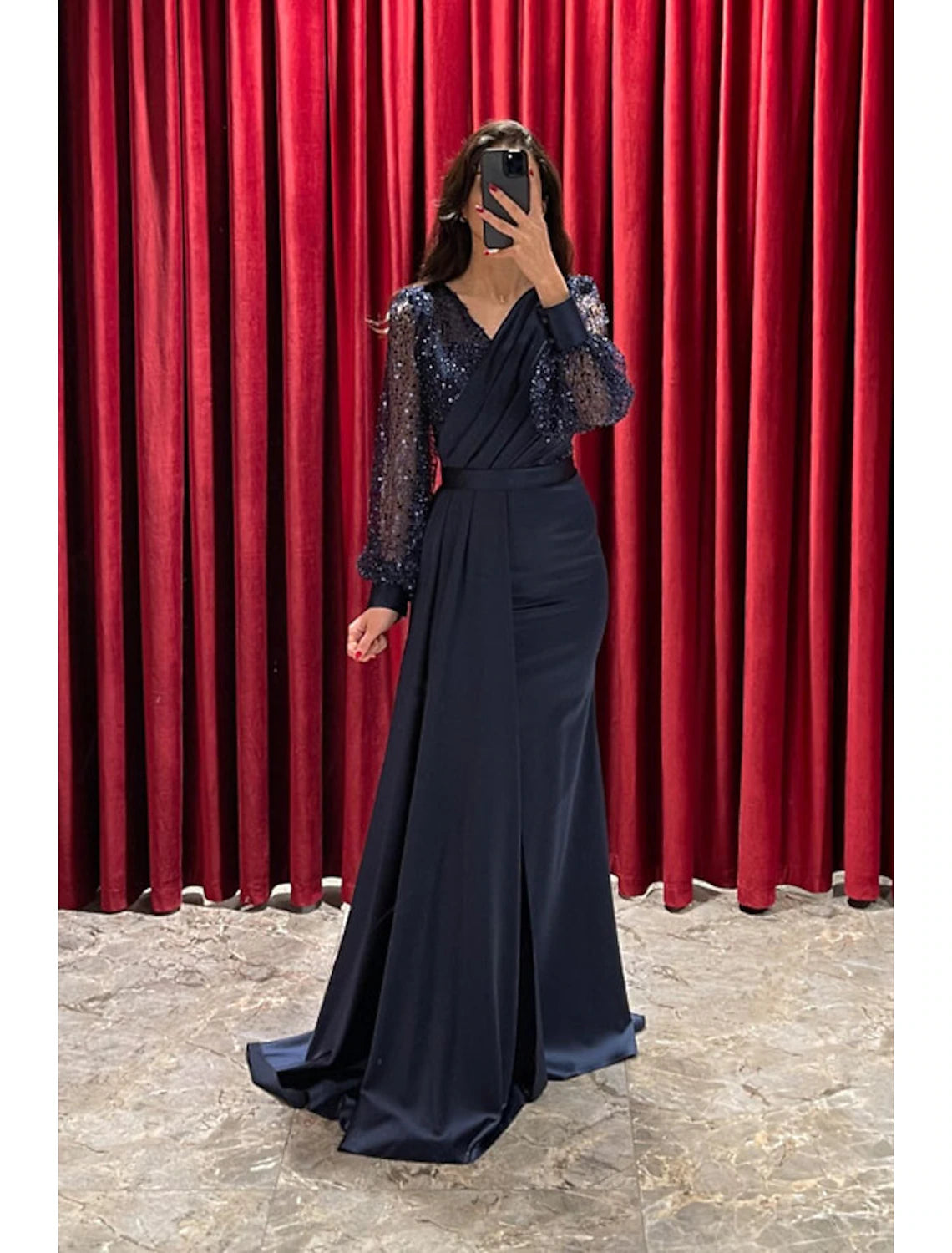 A-Linien-Abendkleid, Sparkle & Shine, formelles Herbstkleid, Sweep/Pinselzug, lange Ärmel, V-Ausschnitt, mit Pailletten und Glitzerfalten